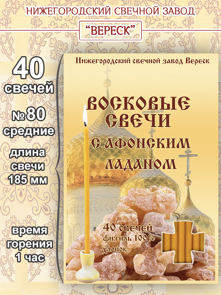 Набор восковых свечей №80 с Афонским ладаном (в упаковке 40 свечей)